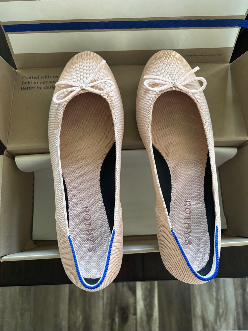Rothy's Ballet Flats in Pale Pink with Blue Trim